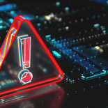 Digital illustration of a red warning symbol surrounded by glowing lines, highlighting the increasing sophistication and evolution of cyber threats.