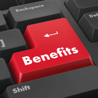 A red keyboard key that says benefits across it representing the benefits if cyber essentials 