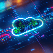 a digital cloud with neon circuit-like connections