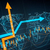 Data visualisation with orange and blue upward arrows, bar charts, and line graphs on a digital world map background, representing future trends and developments in information security management.