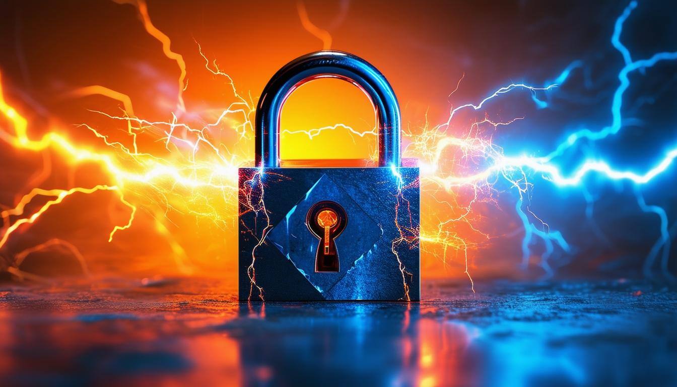 A magical technology padlock surrounded by lightning as a metaphor for cybersecurity-1