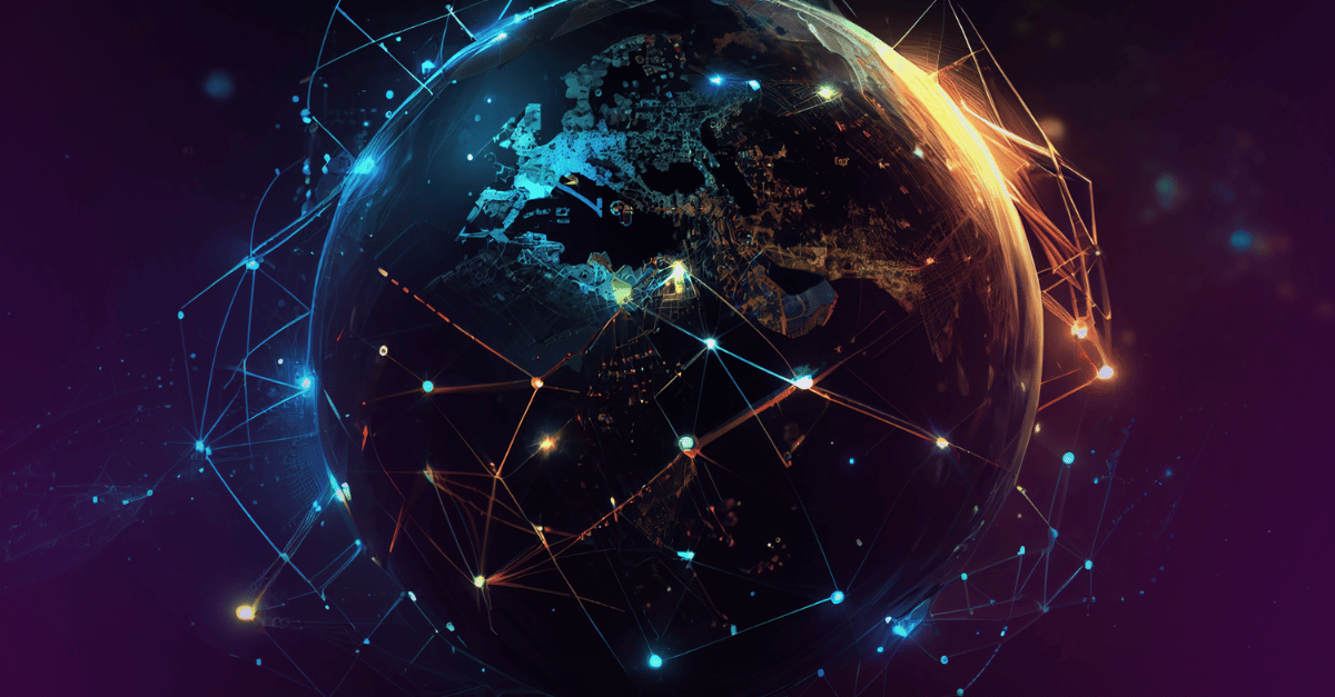 Digital representation of the Earth surrounded by interconnected glowing nodes and lines