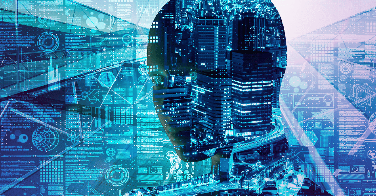 A human head silhouette filled with a cityscape and overlaid with digital elements like data charts, graphs, and futuristic UI components.