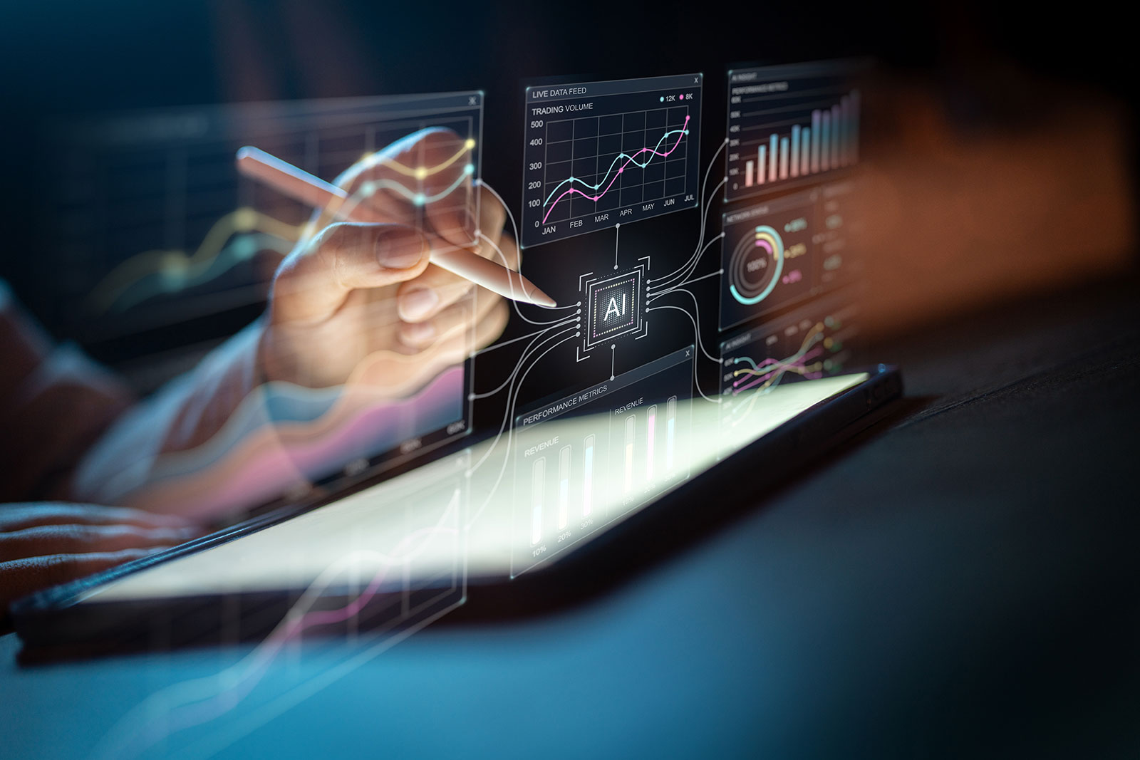Hand holding a stylus above a tablet, with holographic charts for revenue, performance and live data connected to an AI chip